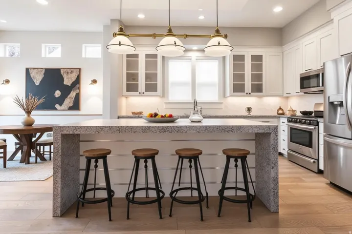Kitchen featuring a waterfall island, stainless steel appliances, white cabinetry, recessed lighting, and wood-finish flooring