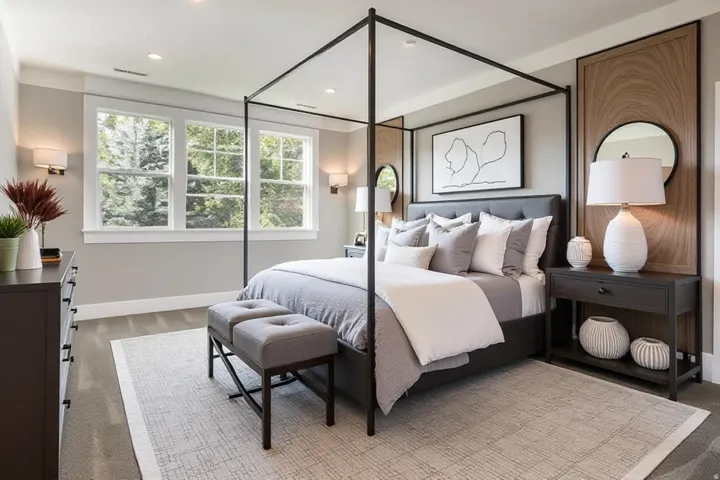 Triple window array, recessed lighting, wall sconces, wood-panel accent wall, and carpeting