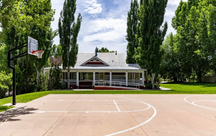 Outdoor sports court with basketball hoop, surrounded by mature trees and manicured lawn