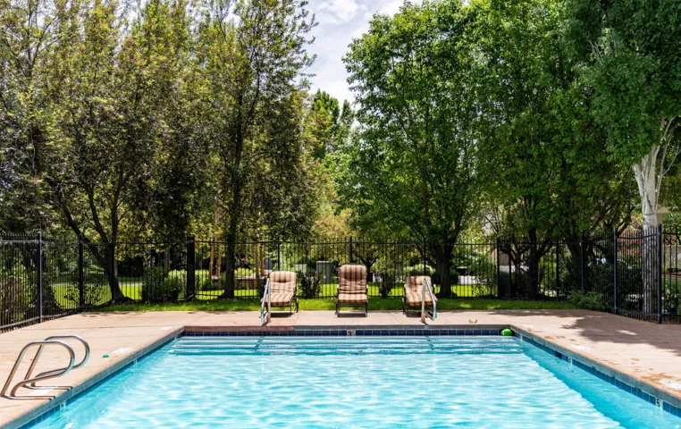 Sparkling in-ground pool with concrete decking and metal handrails