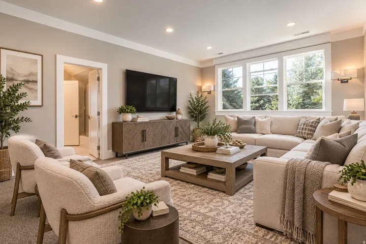 Recessed lighting, crown molding, wall sconces, large windows, and a built-in media console