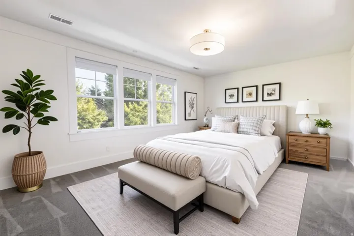 Three paneled windows, light gray carpeting, and a drum ceiling light fixture
