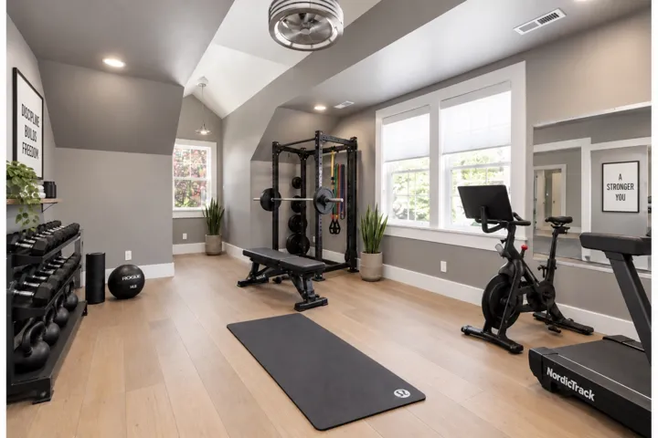 Spacious room with wood-finish flooring, multiple windows, recessed lighting, and a sloped ceiling