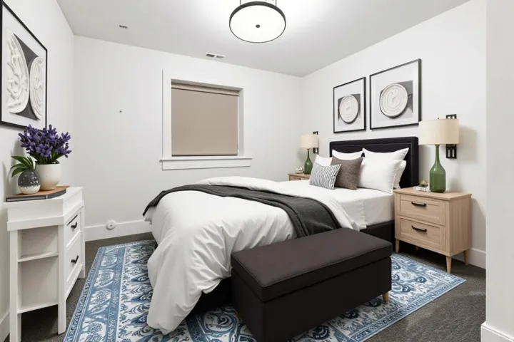 Recessed window with roller shade, overhead flush mount lighting, and carpet flooring