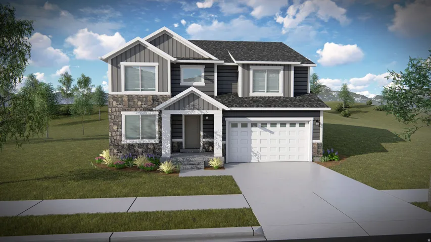 Two-story exterior with stone and siding accents, prominent gables, an attached two-car garage, and a concrete driveway