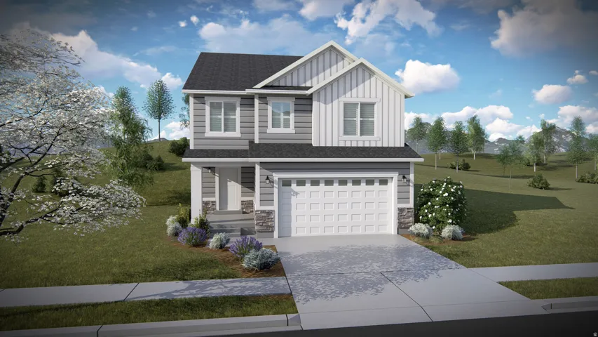 Two-story exterior with a two-car garage, gray siding, white trim, and a prominent front porch with stone accents