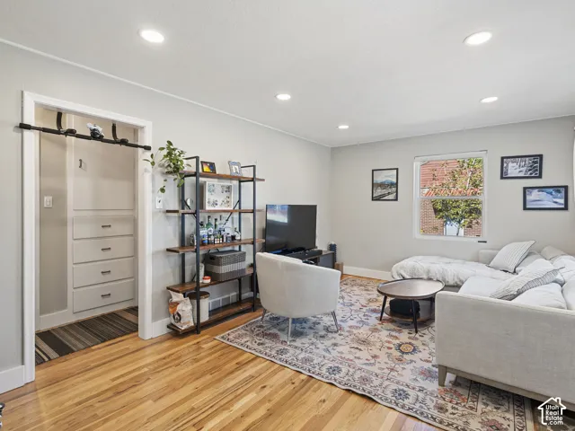 Living room with original hardwood