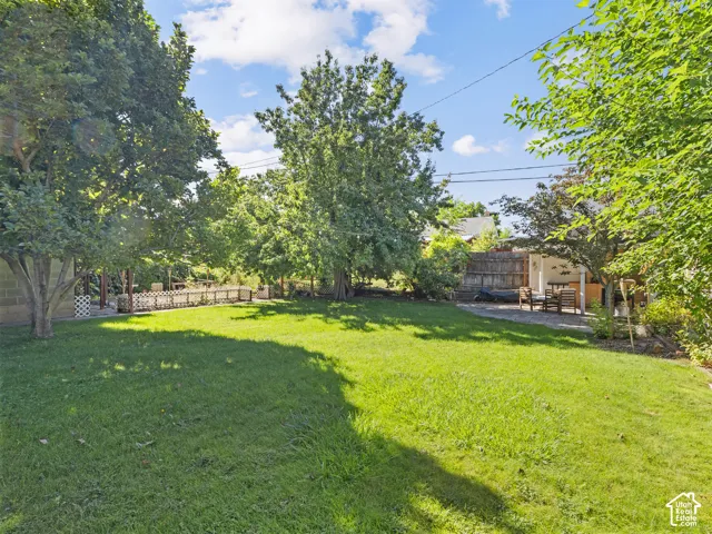Expansive lawn, mature trees, wood fence perimeter, covered patio area, and a stone patio