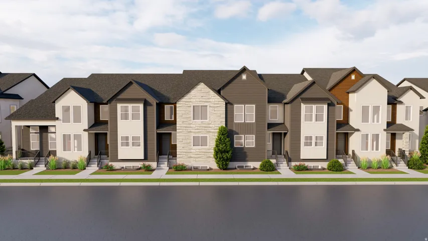Contemporary townhome exterior with varied siding, asphalt shingle roofing, and integrated landscaping