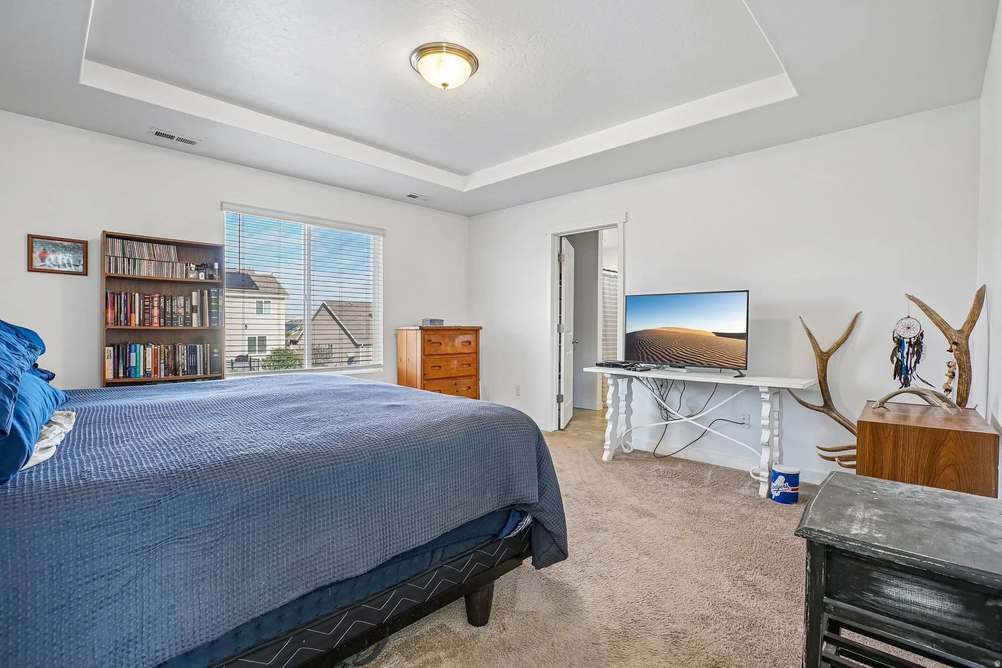 Tray ceiling with flush mount lighting, wall-to-wall carpeting, and a large window with blinds