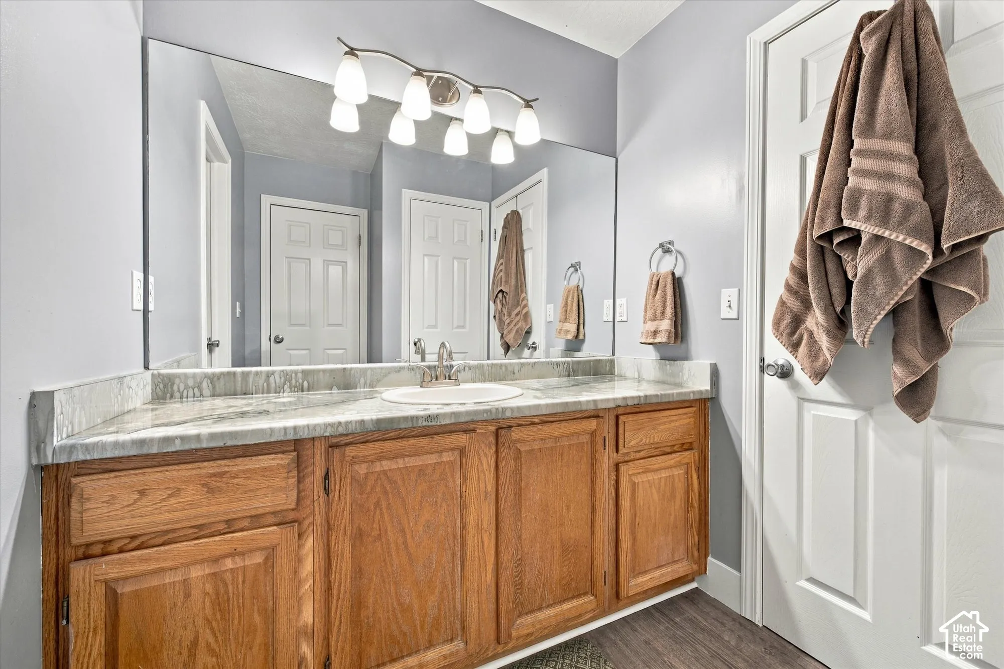 Vanity with light wood-tone cabinetry, a light-colored countertop, and an integrated white sink basin