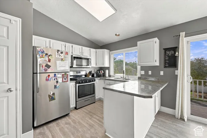 Kitchen featuring white cabinetry, stainless steel appliances, a skylight, wood-finish flooring, and a sliding glass door to exterior