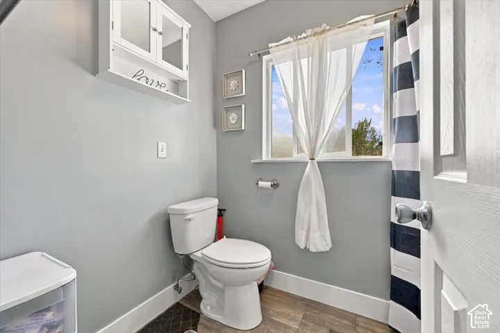 Recessed white storage cabinet, toilet, wood-finish flooring, and a single window