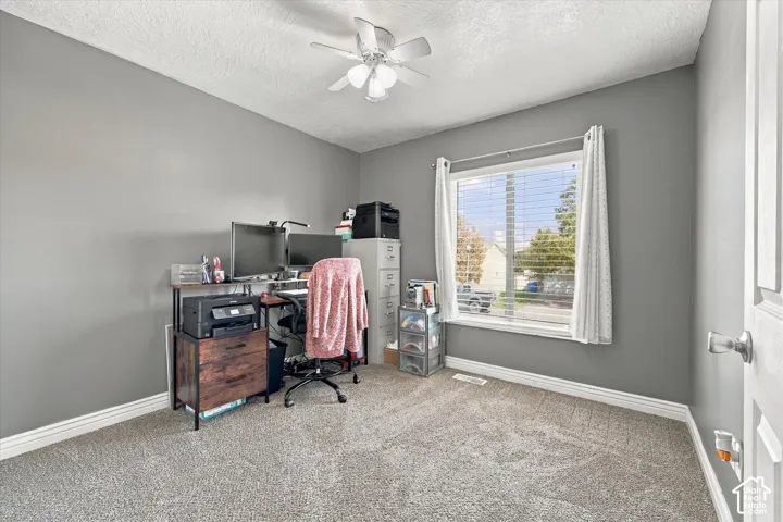 Carpeted flooring with a white trim, featuring a ceiling fan and a window with white blinds