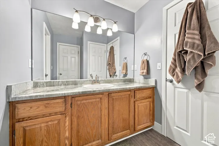 Vanity with light wood-tone cabinetry, a light-colored countertop, and an integrated white sink basin