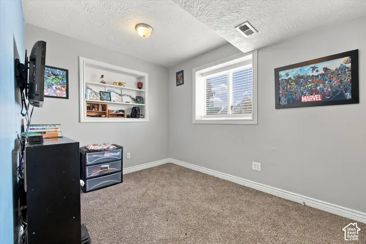 Neutral wall paint, built-in shelving, window with blinds, textured ceiling, and neutral carpet flooring