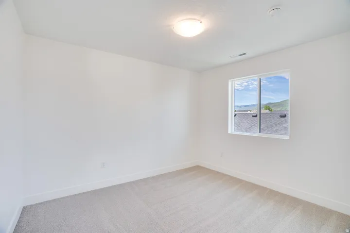 Neutral wall color, light-toned carpet flooring, window with sliding panes, flush-mount ceiling light fixture