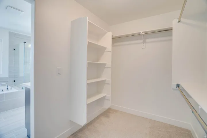 Built-in shelving, hanging rods, and carpet flooring