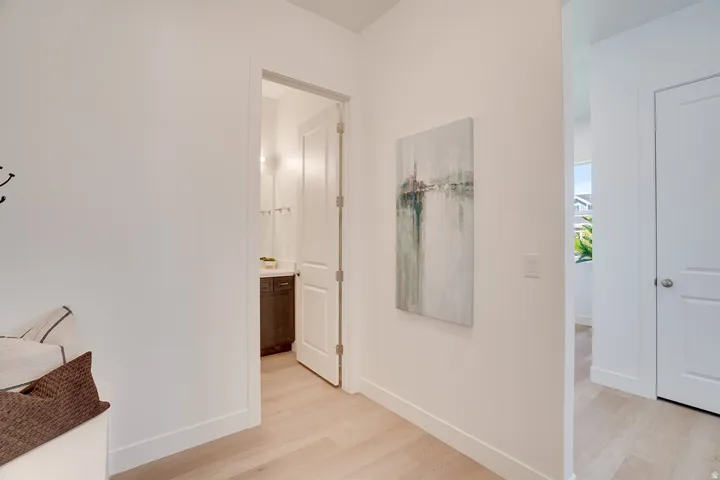 Light wood-finish flooring extending into a bright hallway, with a white painted door and trim