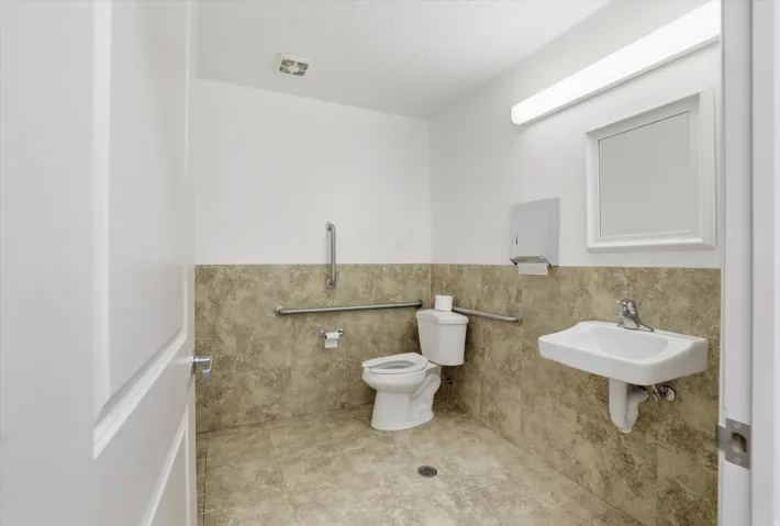 White wall-mounted sink, wall-mounted mirror, white toilet, and grab bars