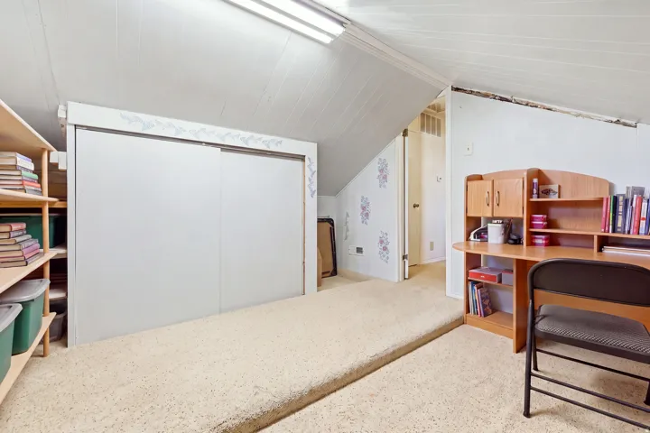 Sliding closet doors, built-in shelving, angled ceiling, and wall-mounted fluorescent lighting