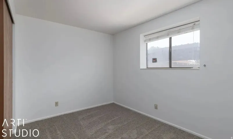 Light gray wall paint, gray carpeting, a single window, and neutral trim