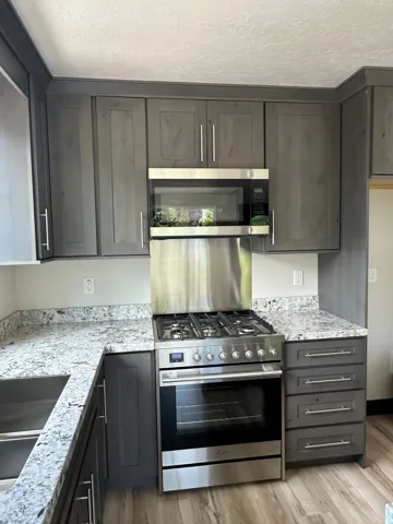 Dark-tone cabinetry with stainless steel hardware, light-toned granite countertops, stainless steel gas range with oven, built-in microwave, and wood-finish flooring