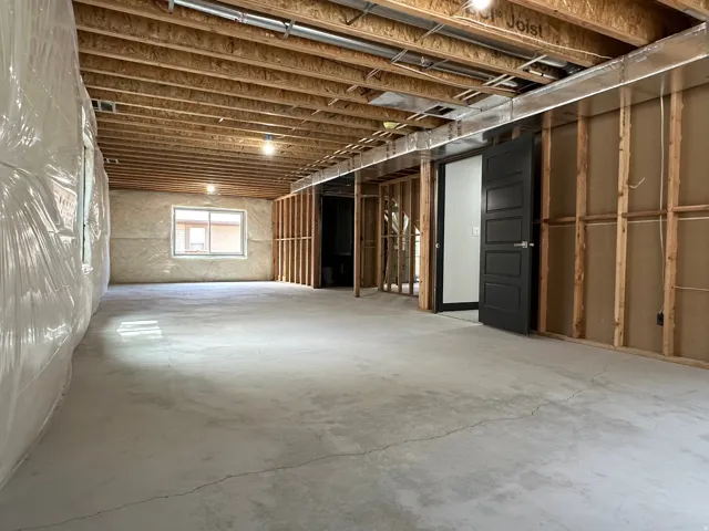 Unfinished basement with exposed ceiling joists, concrete flooring, and a framed interior wall with a dark paneled door