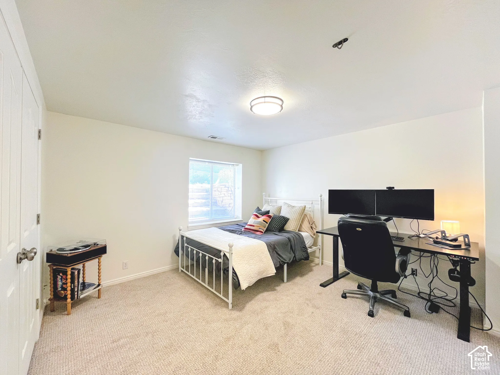 Recessed window, ceiling-mounted light fixture, and textured carpeting