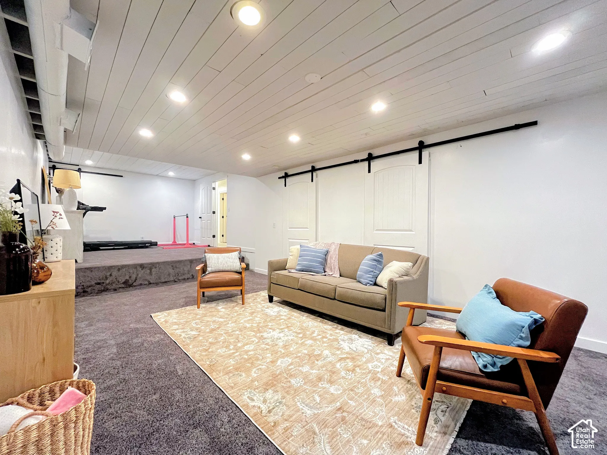 White shiplap ceiling with recessed lighting