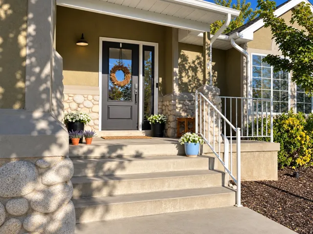 Welcoming entry featuring a dark-paneled door, sidelight window, stone façade accents, concrete steps, and white metal railing