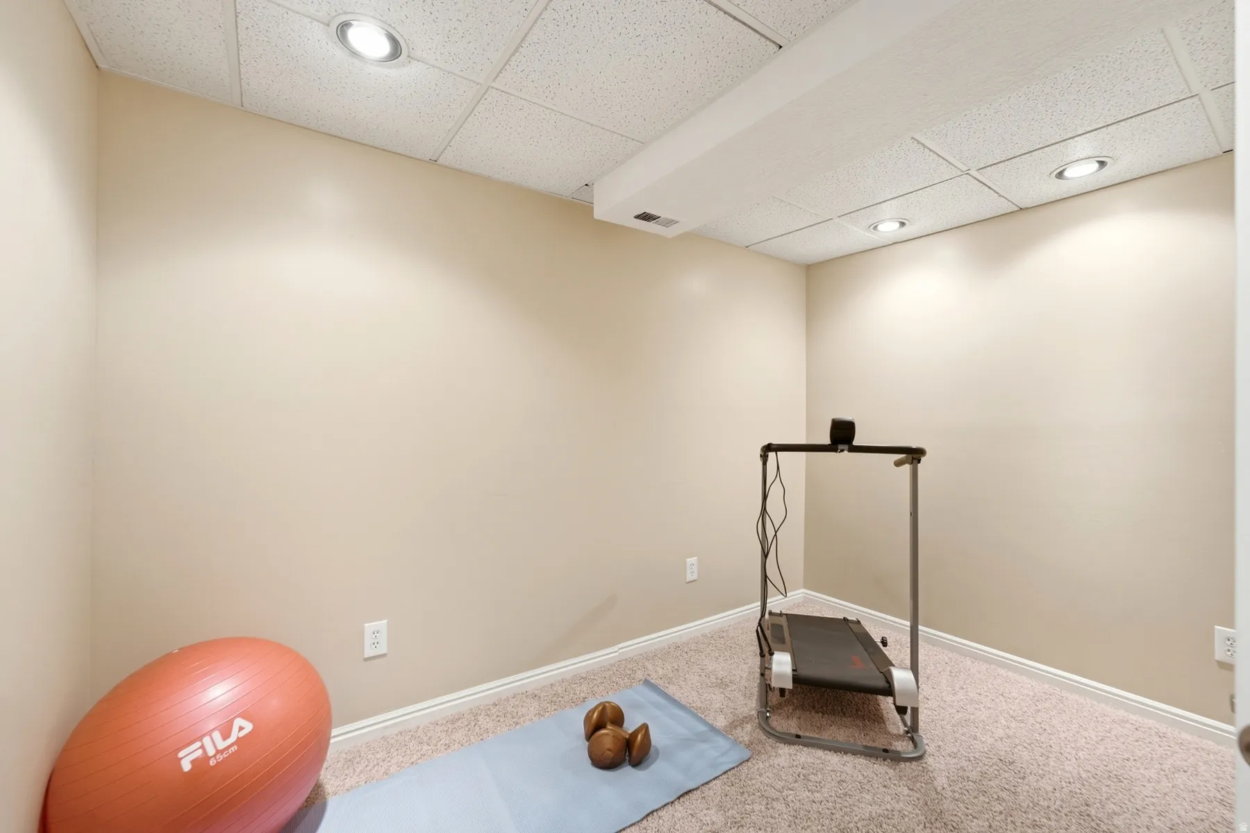 Recessed lighting, drop ceiling, neutral wall color, light-toned carpeting