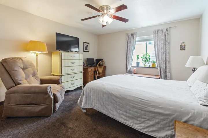 Carpeted room with a ceiling fan, a window with curtains, and neutral-toned walls