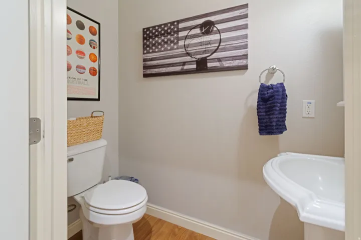 Pedestal sink with a polished chrome towel ring and wood-finish flooring