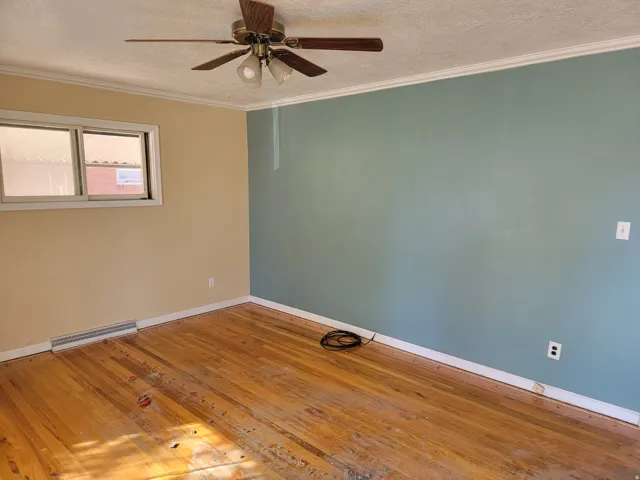 Wood-finish flooring with white trim