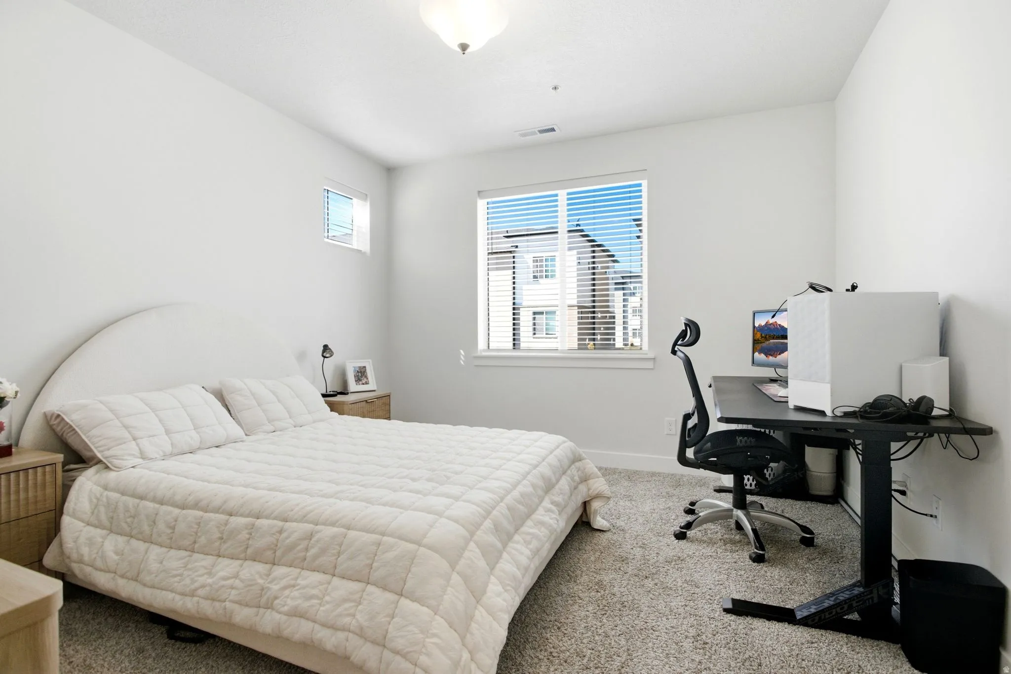 Carpeted bedroom featuring a large window, a smaller upper window, and a built-in light fixture
