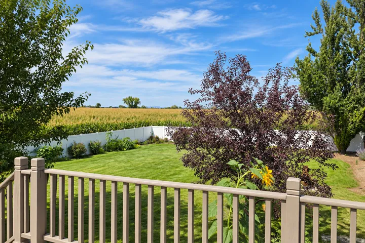 Expansive rear yard featuring a manicured lawn, mature trees, and a white privacy fence