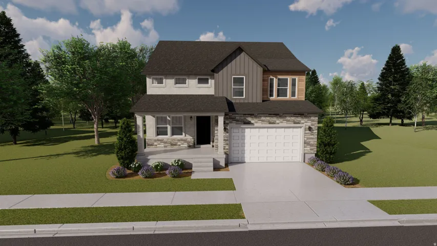 Two-story exterior with a covered porch, stone accents, siding, and an attached two-car garage