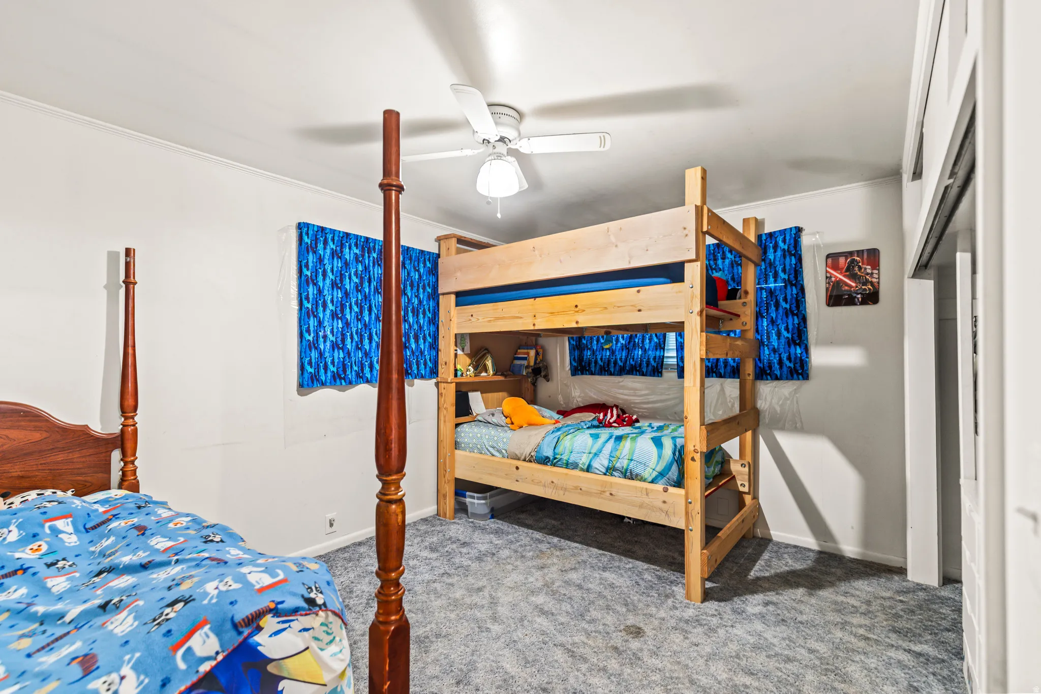 Recessed lighting, ceiling fan, carpet flooring, and white walls