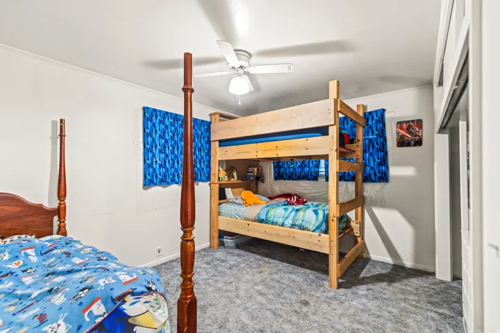 Recessed lighting, ceiling fan, carpet flooring, and white walls