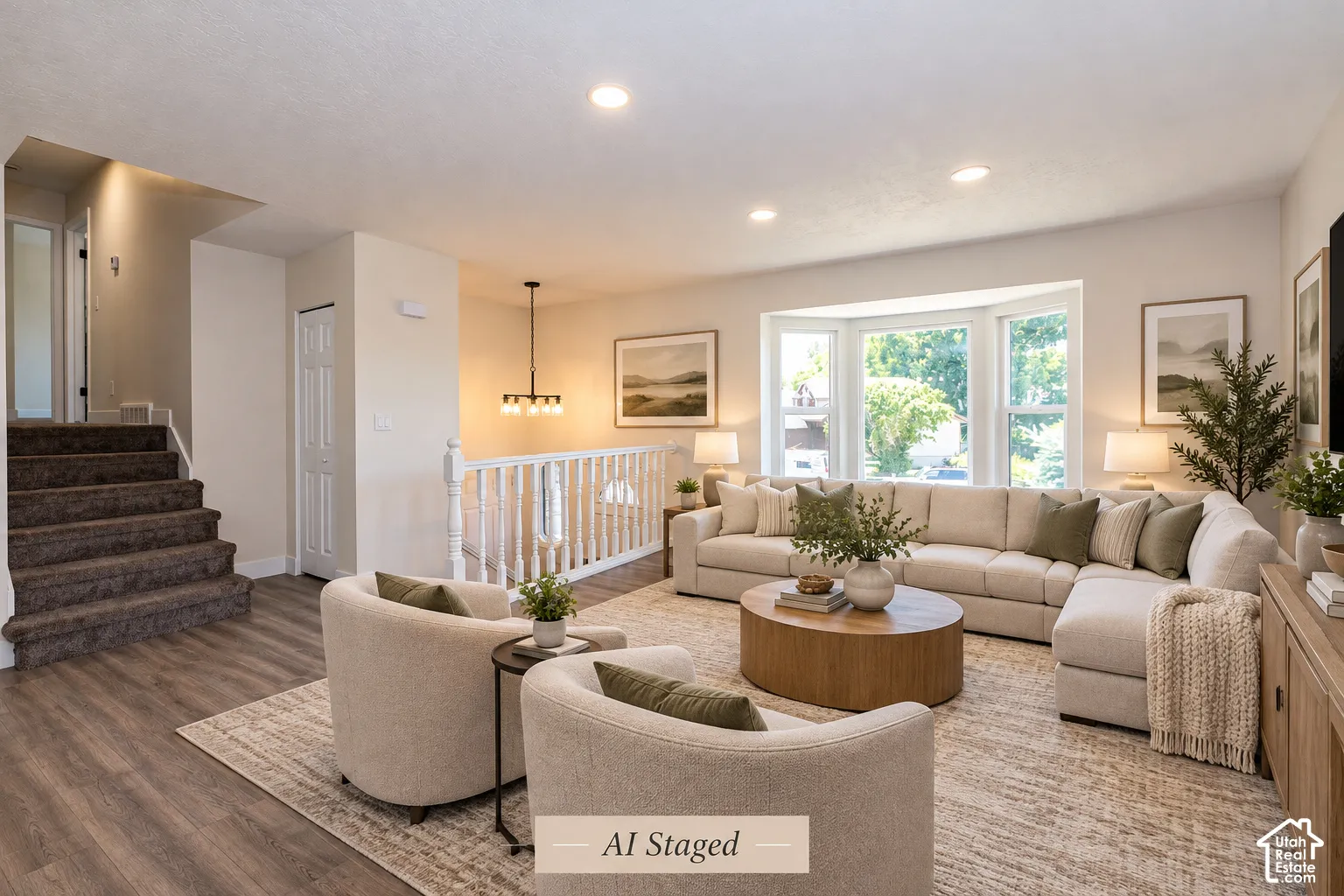 Living area featuring recessed lighting, bay window, wood-finish flooring, and white spindle railing