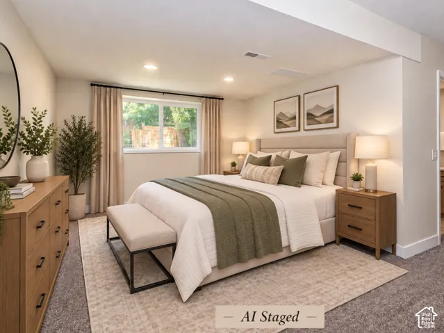 Neutral wall color, recessed lighting, carpeted flooring, and a walk-in closet