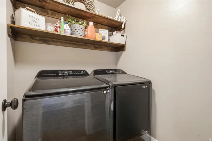 Built-in wooden shelving provides storage options
