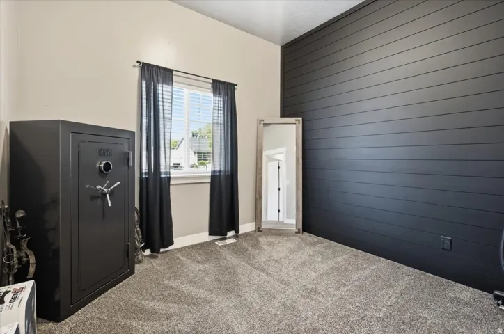 Carpeted flooring with a contrasting dark accent wall featuring horizontal paneling