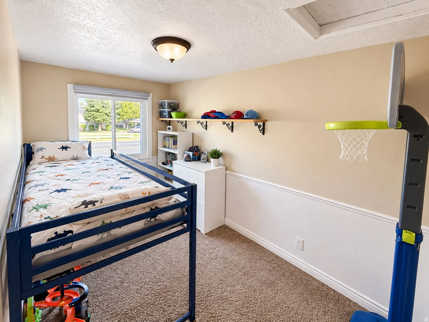 Carpeted flooring, window with natural light, wall-mounted shelving, built-in lower wainscoting, and a ceiling-mounted light fixture