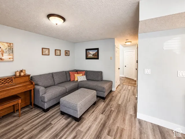 Wood-finish flooring throughout, light-toned walls, and recessed lighting fixtures