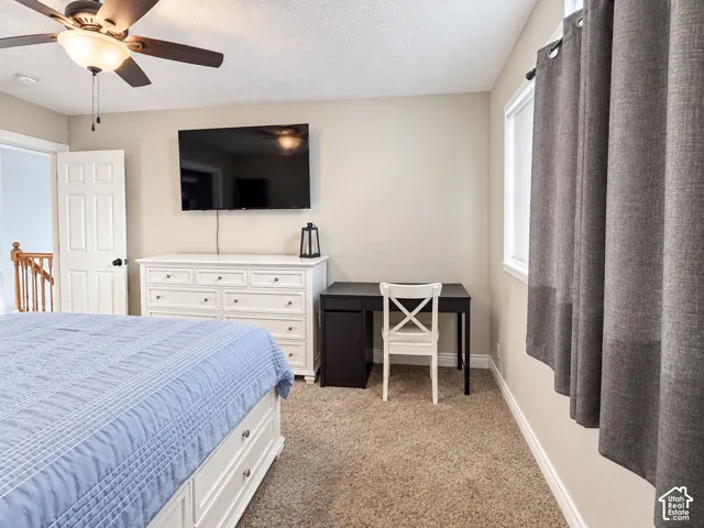 Neutral wall paint, ceiling fan, carpet flooring, window with white trim, and a white interior door