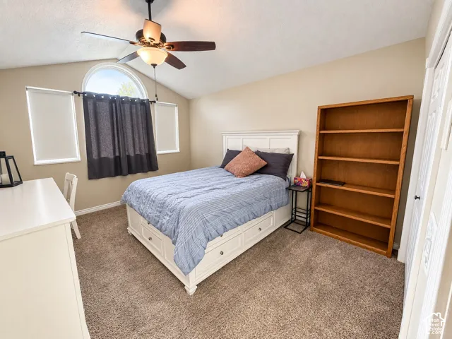 Arched window feature, vaulted ceiling, ceiling fan with light fixture, and plush carpeting