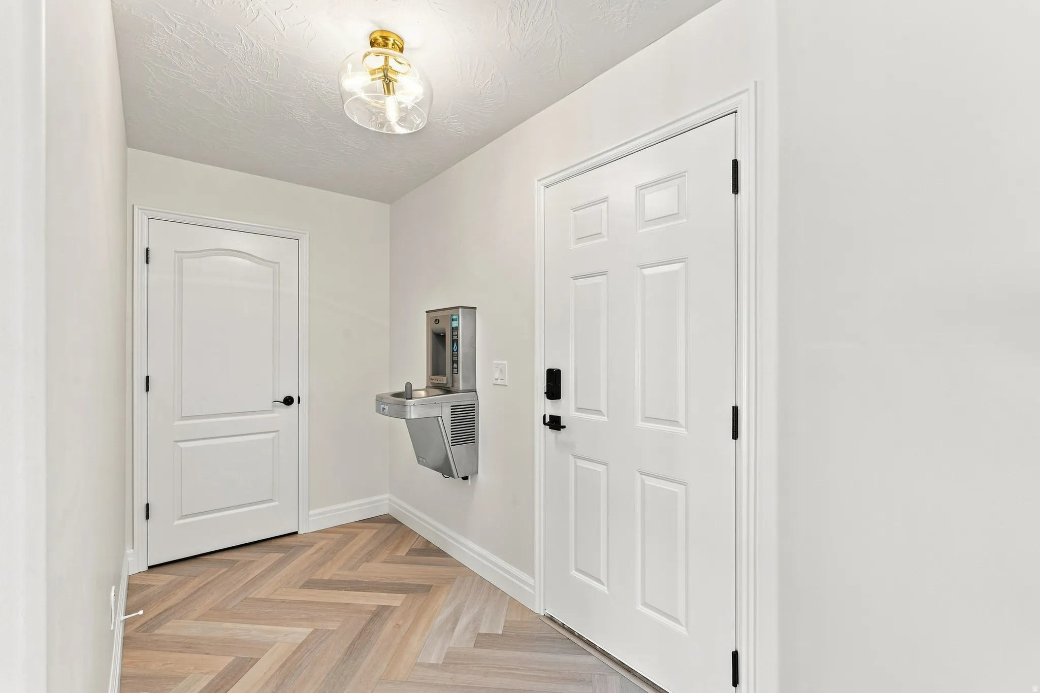 Herringbone pattern wood-finish flooring, white panel doors, wall-mounted water dispenser, and a flush mount ceiling light fixture