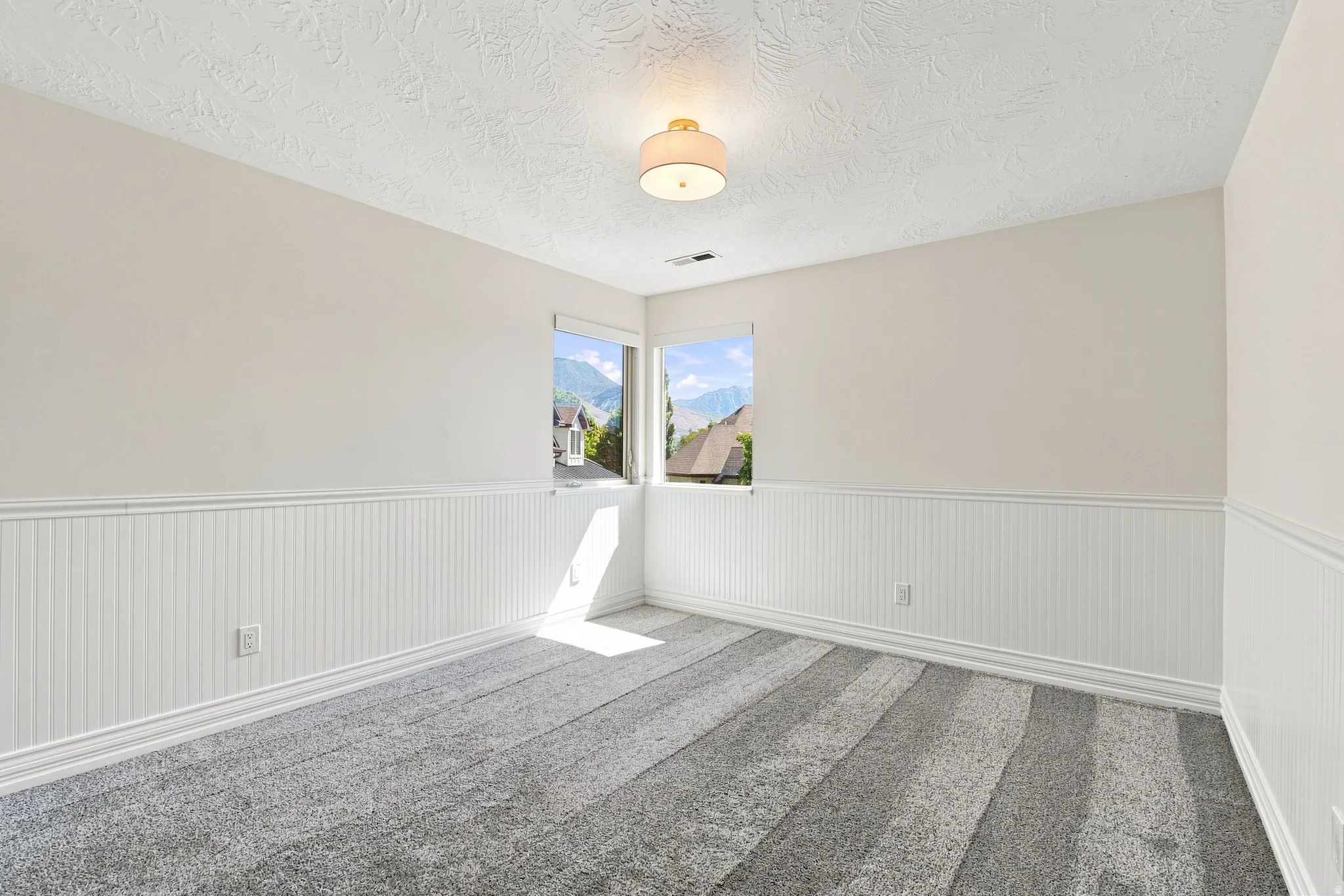 White wainscoting with decorative trim, neutral wall paint, and gray carpet flooring